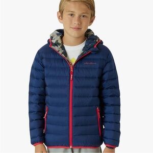 Eddie Bauer Navy Camo Cirruslite Down Reversible Hooded Jacket